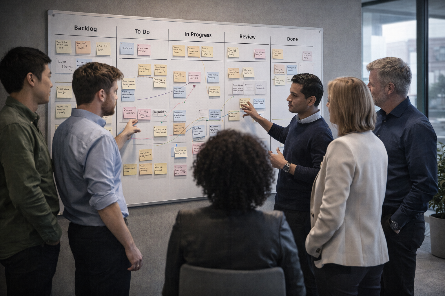 Cross-functional product team discussing priorities and dependencies while reviewing a Scrum board during project planning.